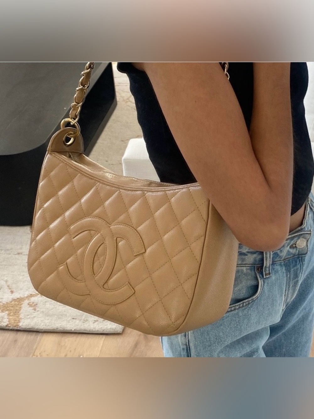 Chanel Vintage Caviar Leather Beige Shoulder Bag